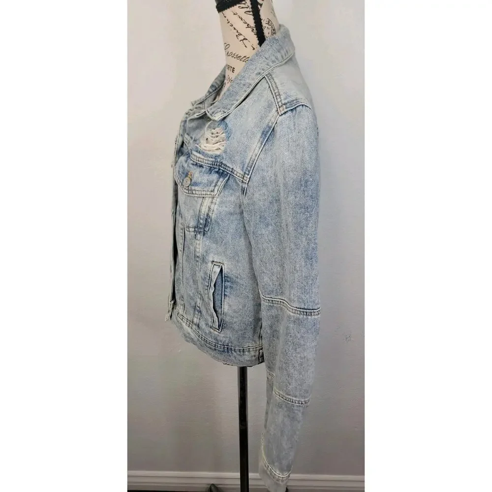 FREE PEOPLE Denim Tracker Jacket Sz Medium Distressed Destroy Gorpcore Boho - Picture 5 of 10